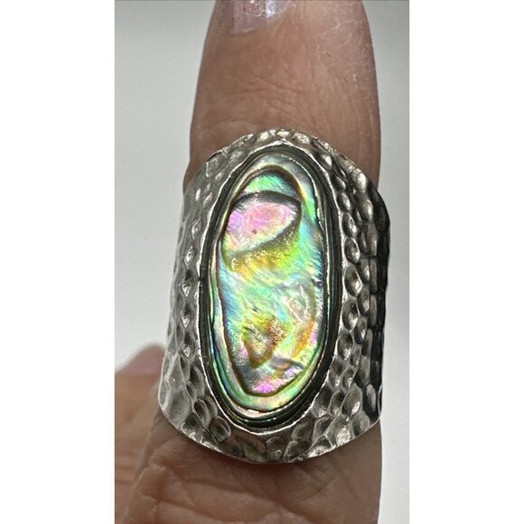 Abalone silver hammered ring size 5 signed 925 CFJ  Thai - Picture 3 of 9
